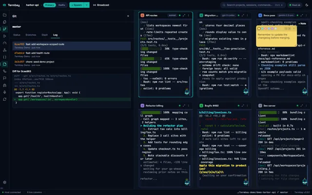 Git panel scoped to the focused column