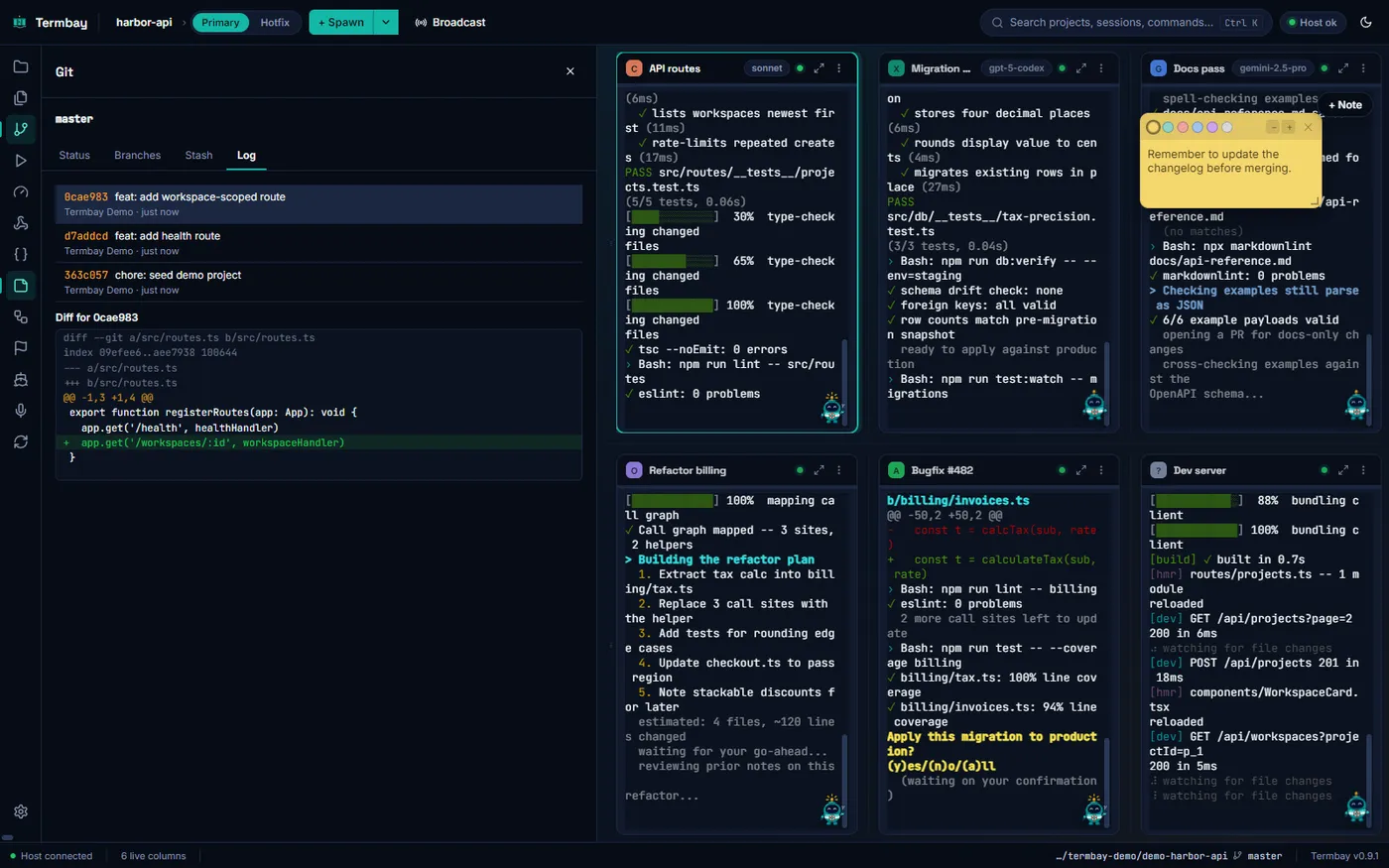 Termbay git panel showing staged changes for the focused column