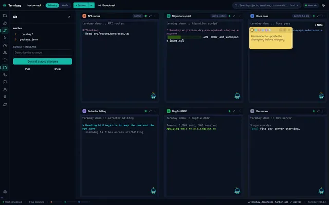 Git panel scoped to the focused column