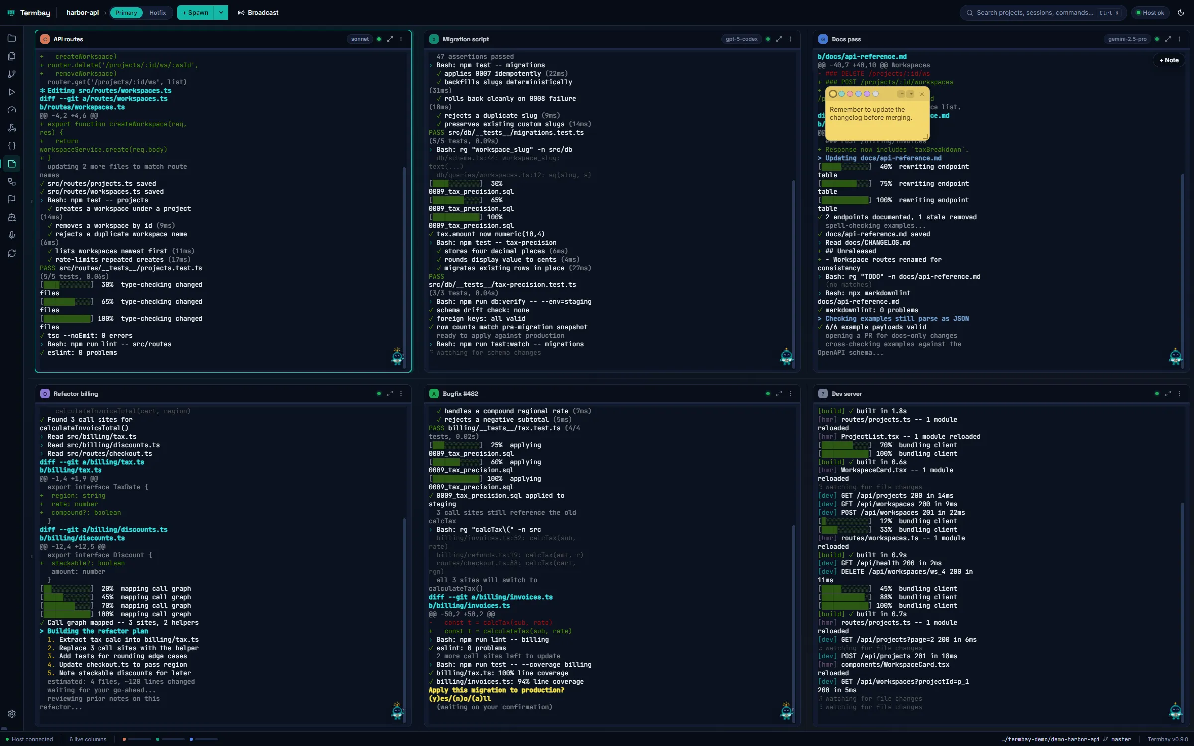 Termbay showing six AI coding-agent CLI columns docked side by side in one terminal grid