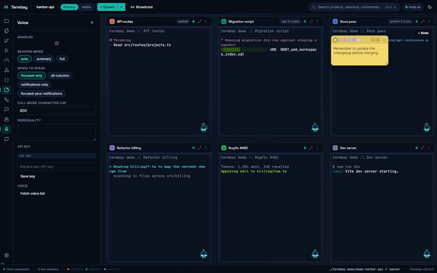 Termbay voice settings panel