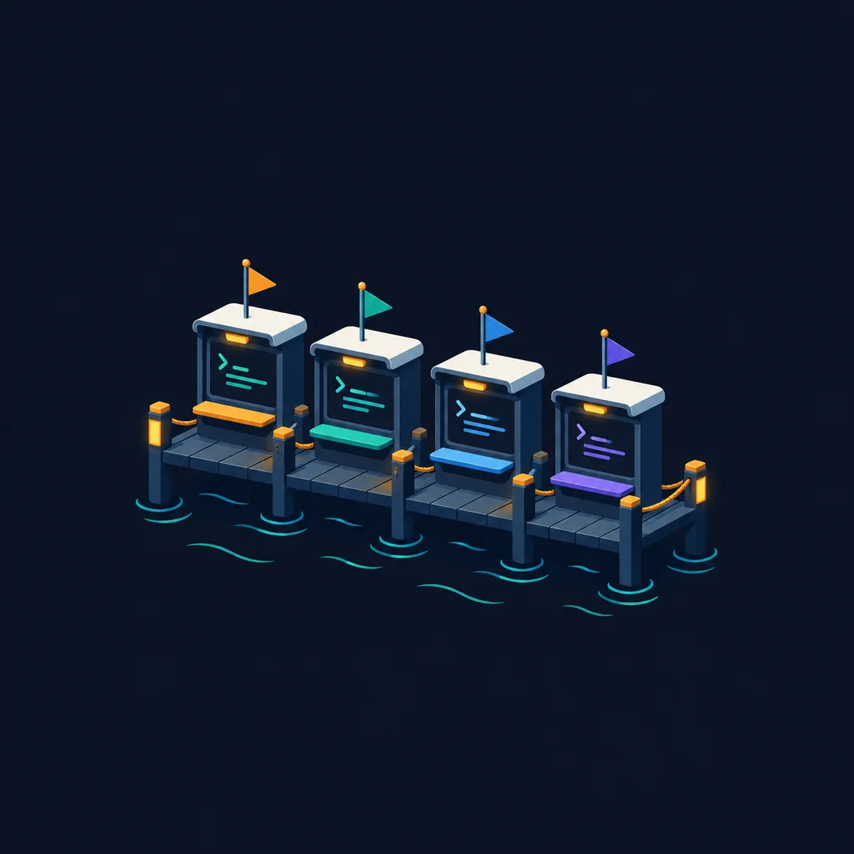 Isometric illustration of multiple terminal columns docked side by side